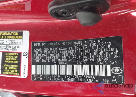 2012 Toyota Corolla Le из США, поврежденный, VIN 2T1BU4EE8CC797701